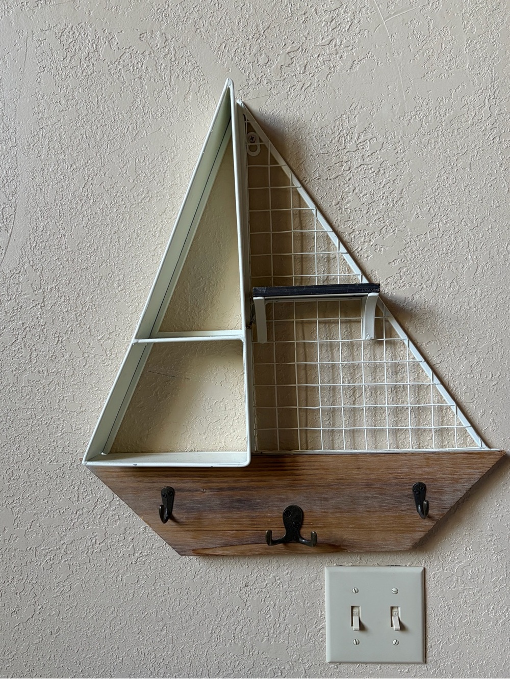 Sailboat Wall Shelf with Hooks in White and Wood (Dimensions 20”x19”x21”)